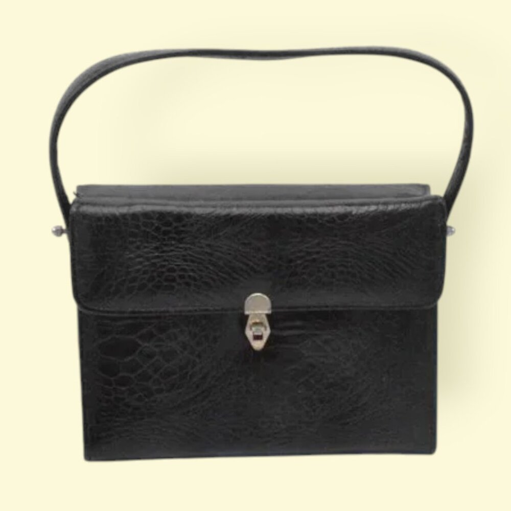 MCM Vintage Kadin Alligator Look Satchel Black Bag Purse Handbag